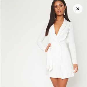 Pretty Little Thing White checked blazer dress with wrap around the waist Size 4